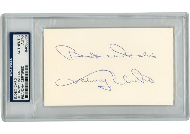Johnny Unitas Autographed Baltimore Colts Index Card Best Wishes Slab PSA 54926
