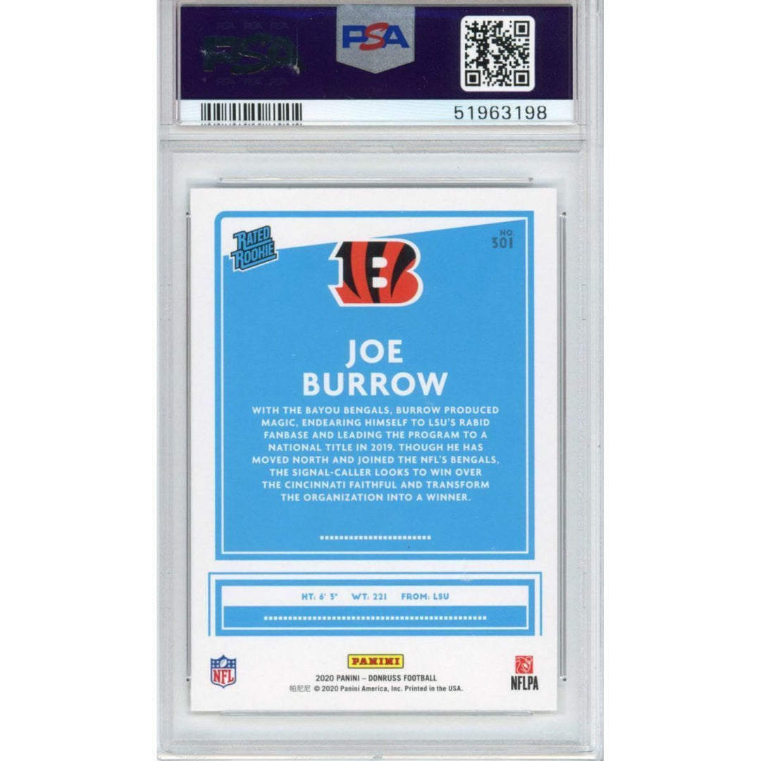 Graded 2020 Panini Donruss JOE BURROW #301 Rookie Football Card PSA 10 Gem Mint