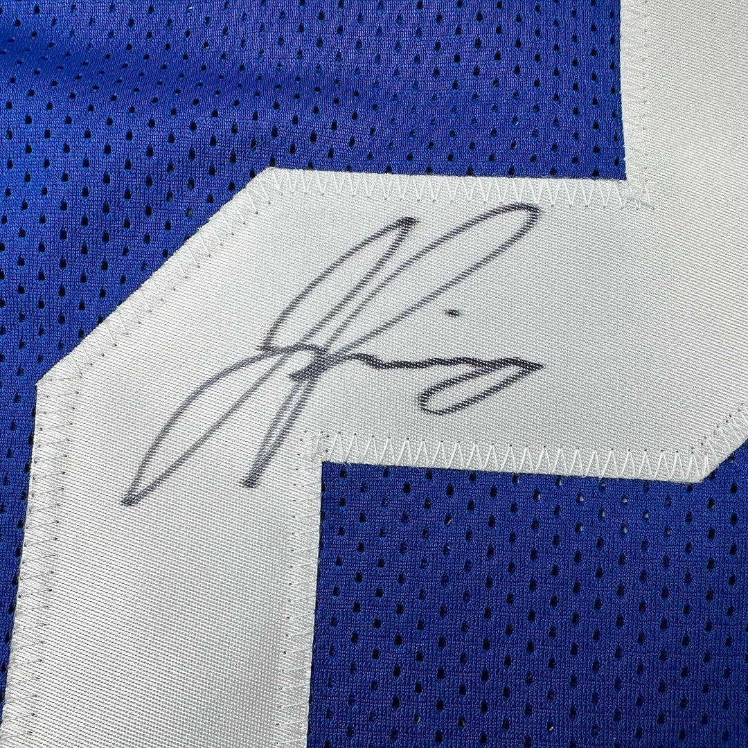 Framed Autographed/Signed Jason Pinnock 33x42 New York Blue Jersey PSA/DNA COA