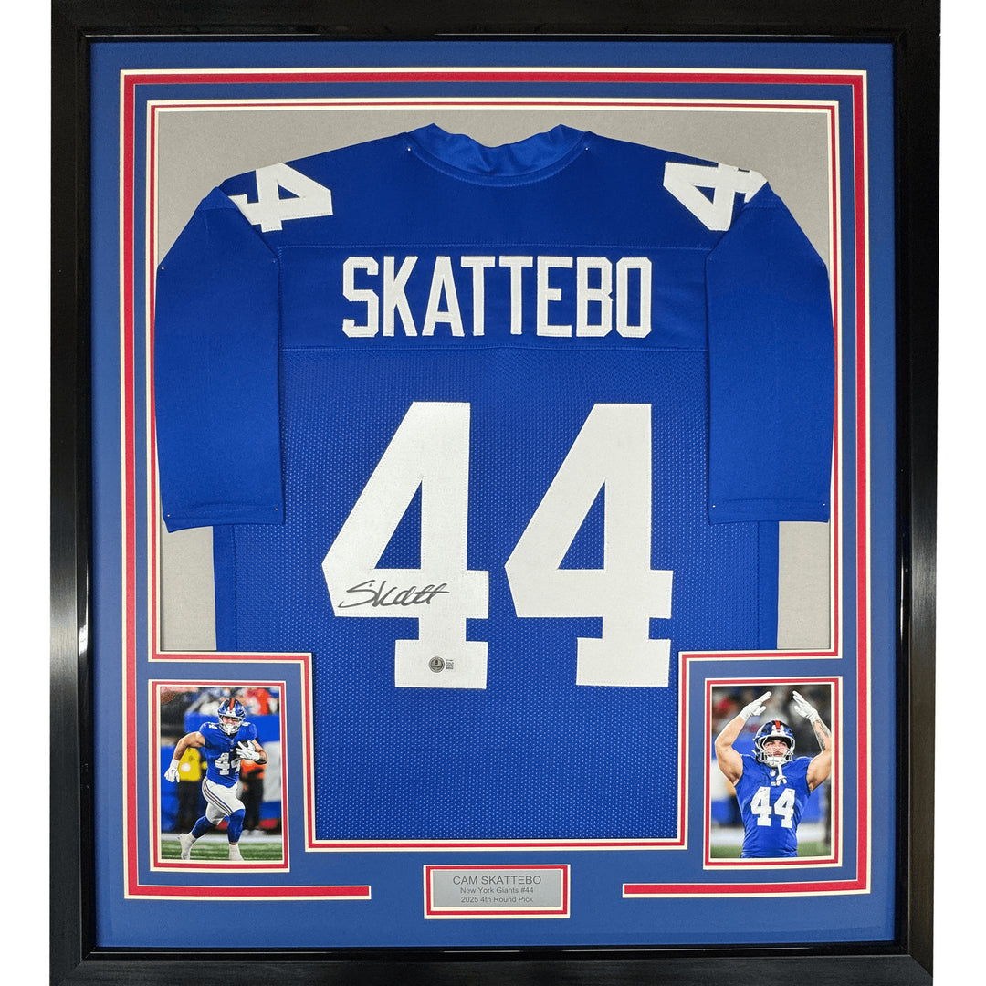 Framed Autographed/Signed Cam Skattebo 35x39 New York Blue Jersey BAS COA