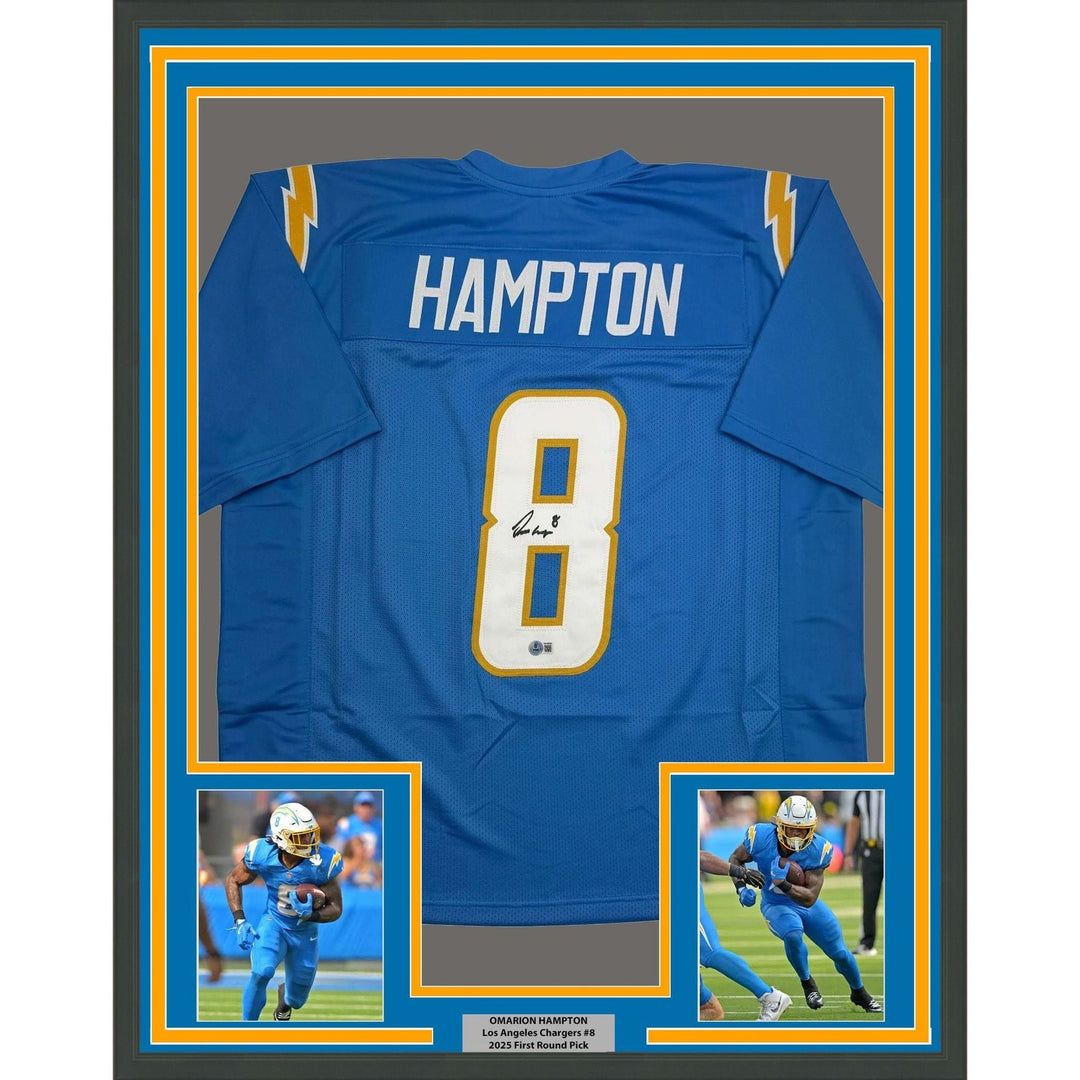 Framed Autographed/Signed Omarion Hampton 35x39 Powder Blue Jersey BAS COA