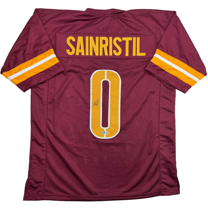 Autographed/Signed Mike Sainristil Washington Burgundy Jersey Beckett COA