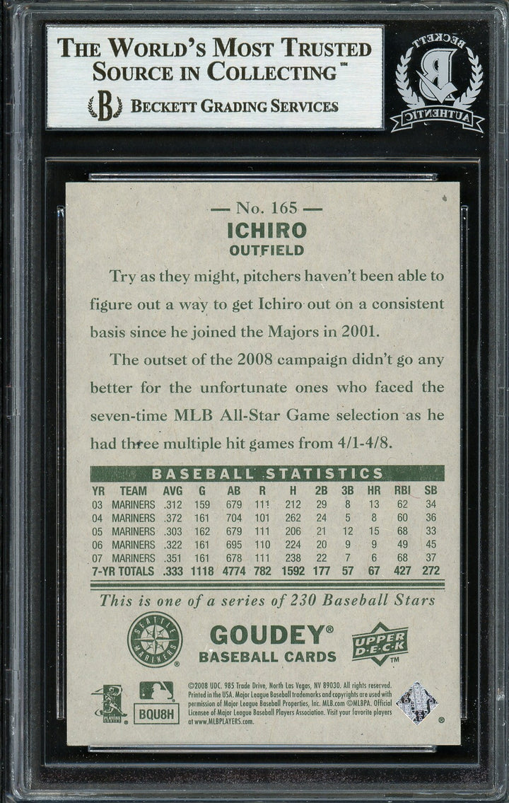 Ichiro Suzuki Signed 2008 Upper Deck Goudey Card 165 Seattle Mariners Beckett