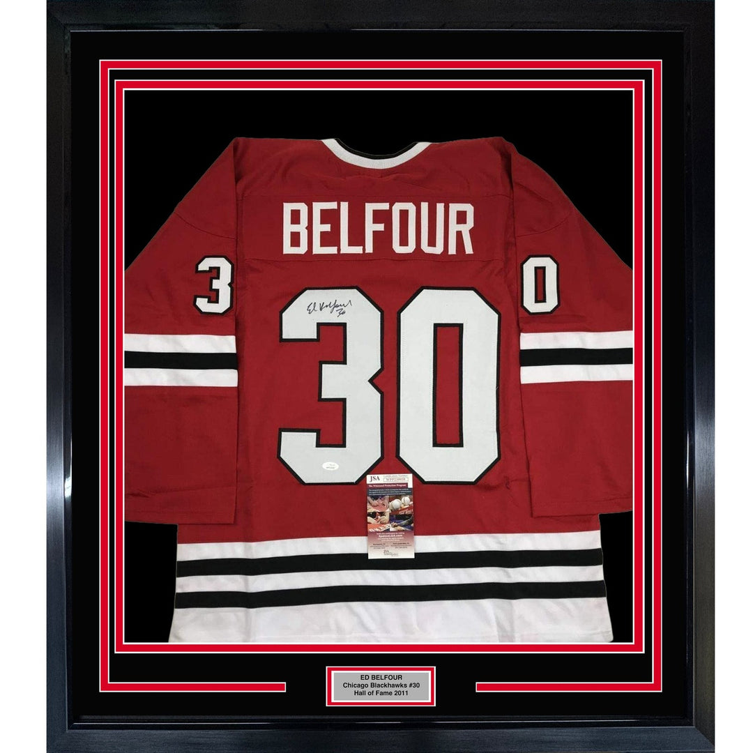 Framed Autographed/Signed Ed Belfour 35x39 Chicago Red Jersey JSA COA