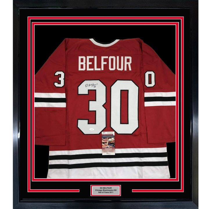 Framed Autographed/Signed Ed Belfour 35x39 Chicago Red Jersey JSA COA