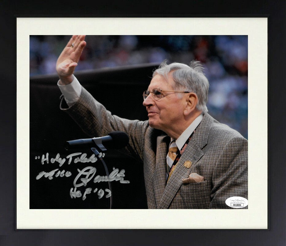 Milo Hamilton signed 8x10 Photo w/ dual Holy Toledo & HOF 92 Framed-JSA #HH18099