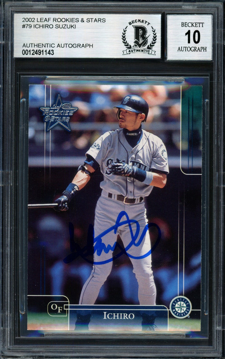 Ichiro Suzuki Signed 2002 Leaf Rookie & Stars Card 79 Mariners Auto 10 Beckett