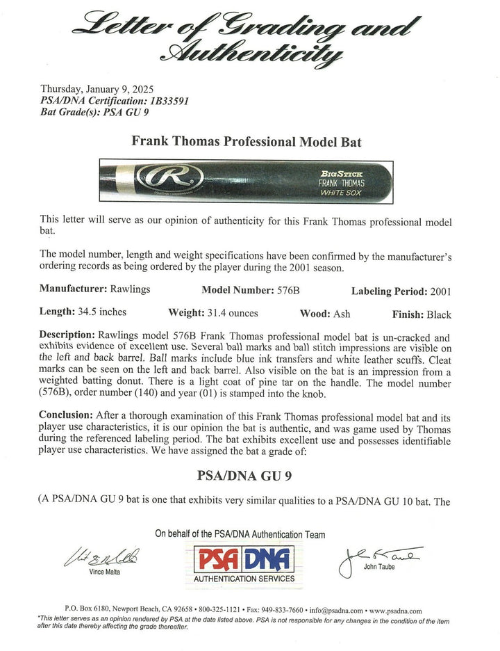 Frank Thomas Game Used 2001 Baseball Bat PSA/DNA Graded 9 Chicago White Sox
