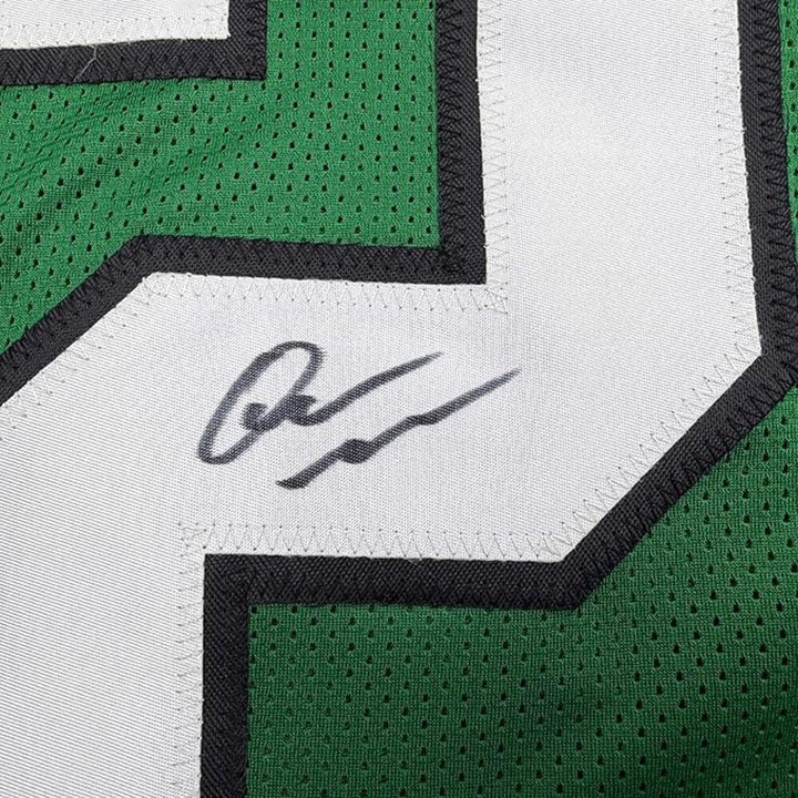 Framed Autographed/Signed Quinyon Mitchell 35x39 Kelly Green Jersey JSA COA