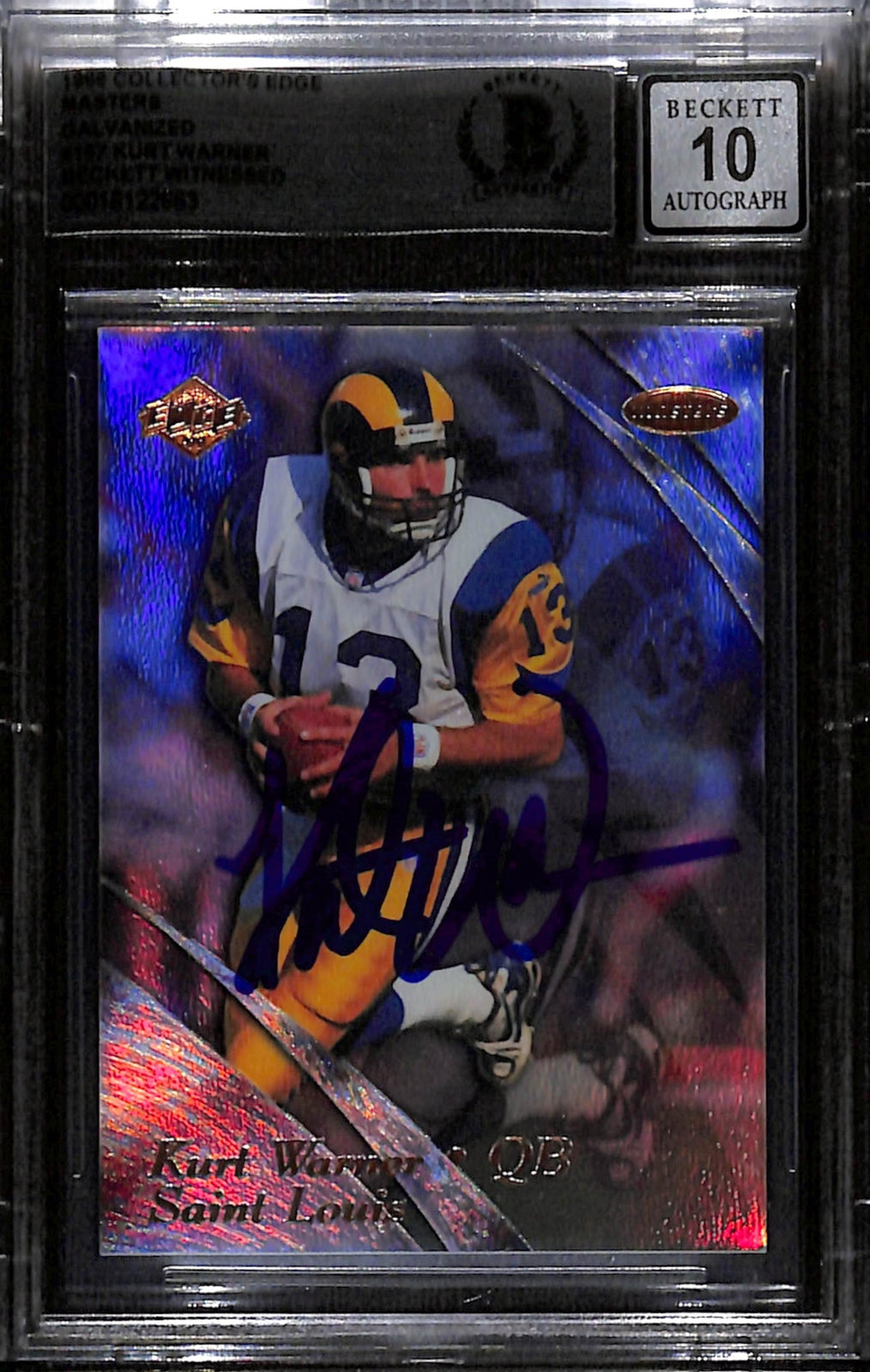 Kurt Warner Signed '99 Edge Masters Galvanized /1000 Card Grade 10 BAS 43896