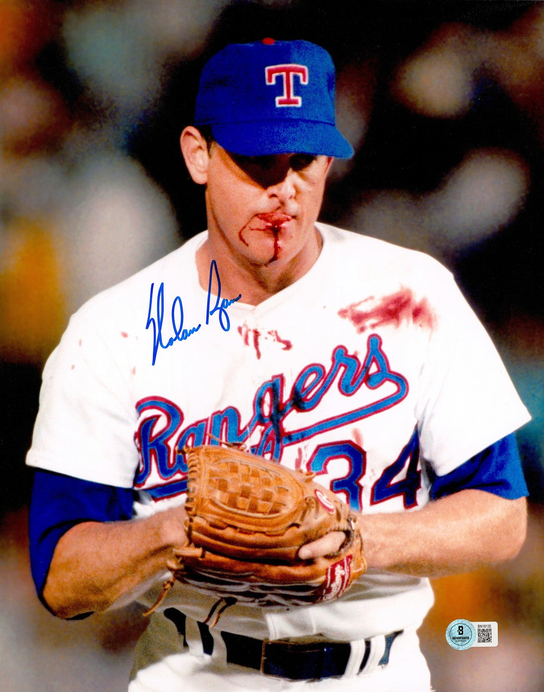 Nolan Ryan Signed 11x14 Photo Texas Rangers Bloody Lip Beckett BAS QR