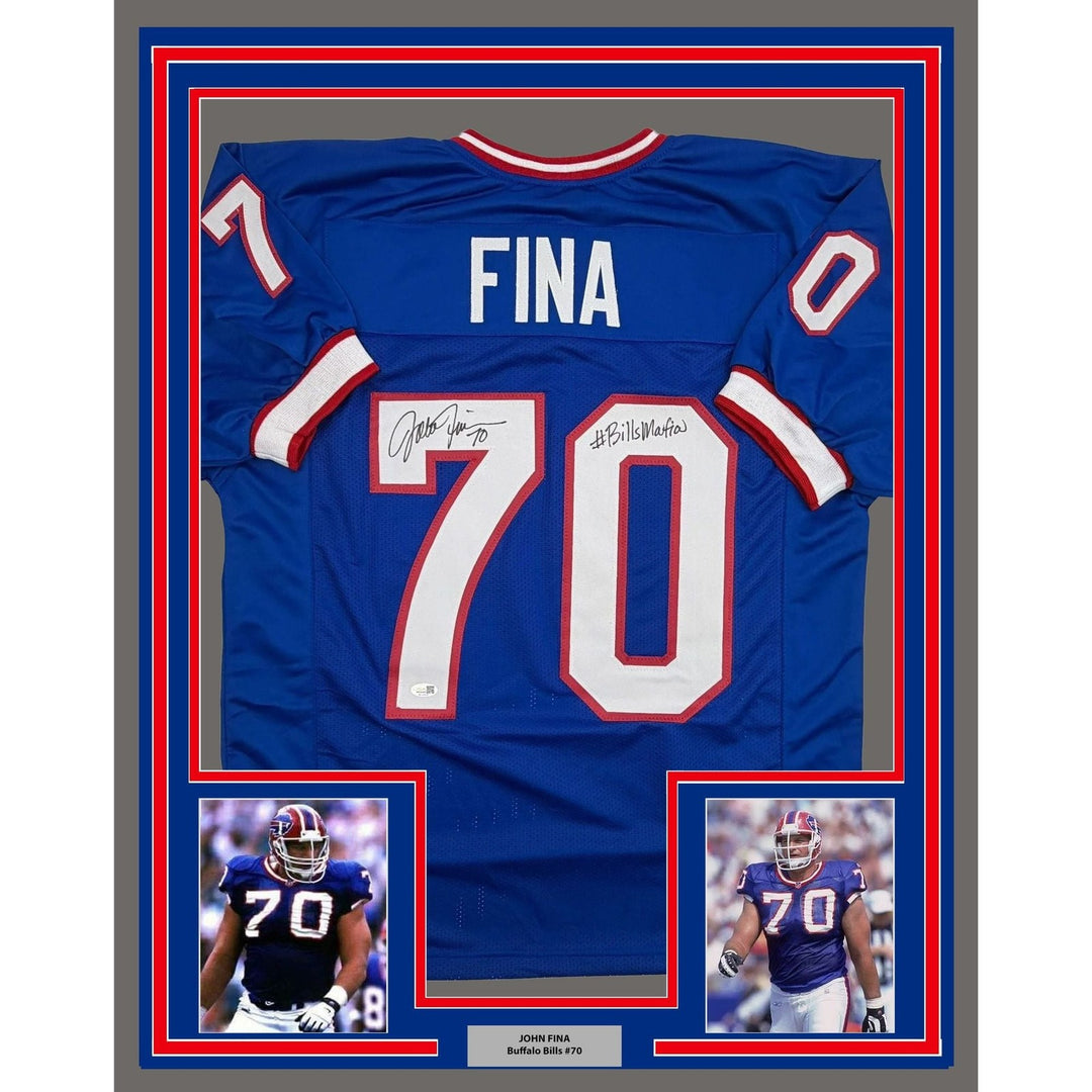 Framed Autographed/Signed John Fina 35x39 Buffalo Blue Jersey JSA COA