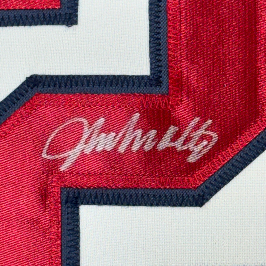 FRAMED Autographed/Signed JOHN SMOLTZ 33x42 Atlanta White Jersey JSA COA Auto