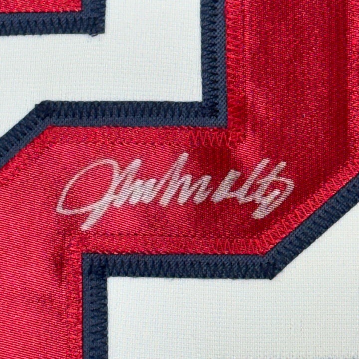 FRAMED Autographed/Signed JOHN SMOLTZ 33x42 Atlanta White Jersey JSA COA Auto