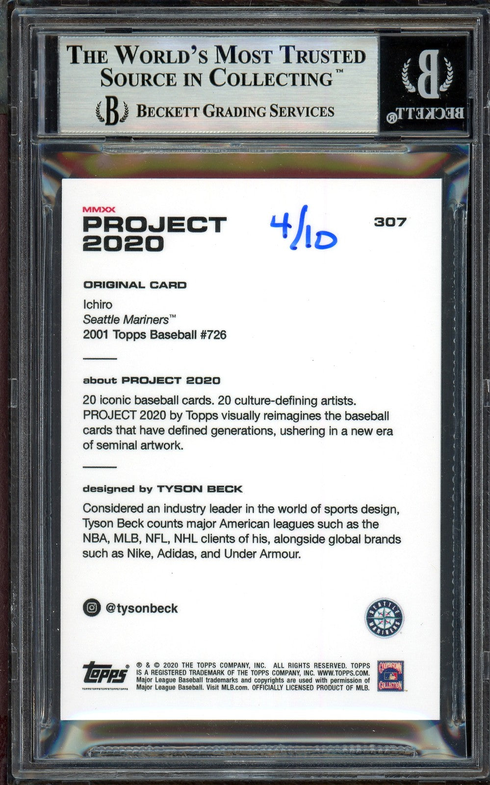 Ichiro Suzuki Signed Topps Project 2020 Tyson Beck Card 307 Black #4/10 Beckett