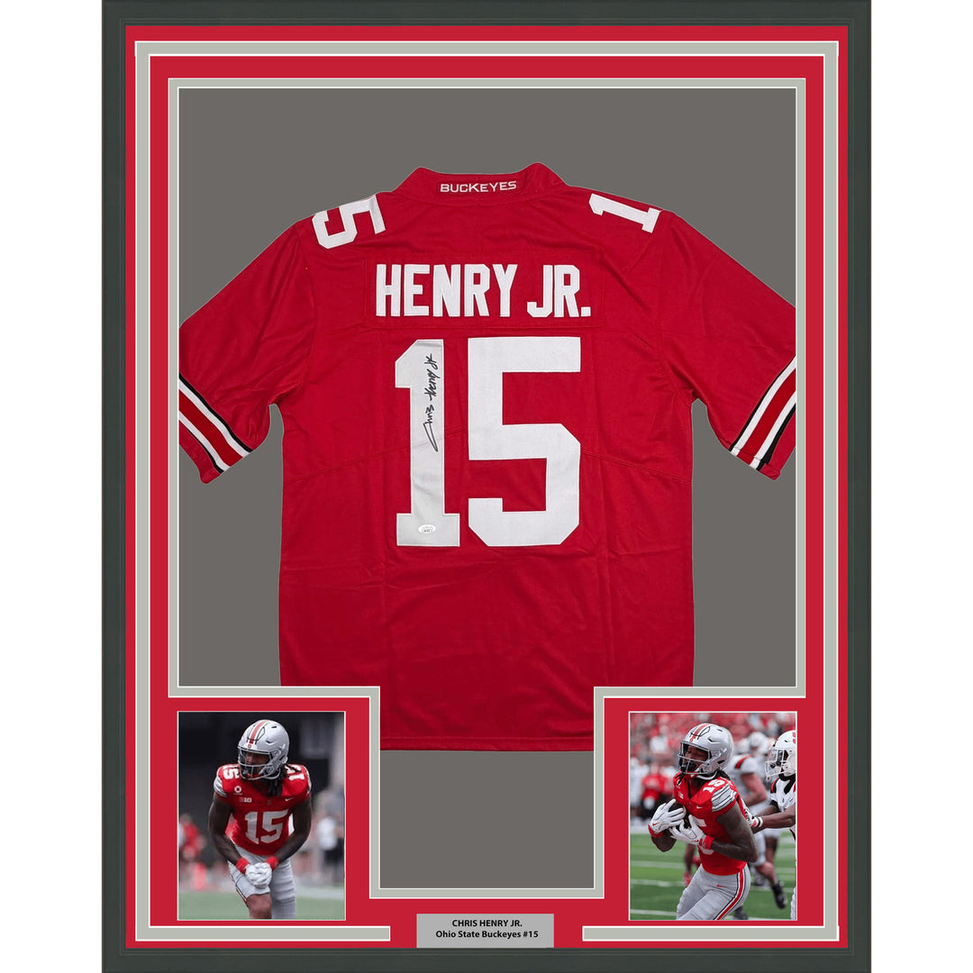 Framed Autographed/Signed Chris Henry 35x39 Ohio State Red Jersey JSA COA