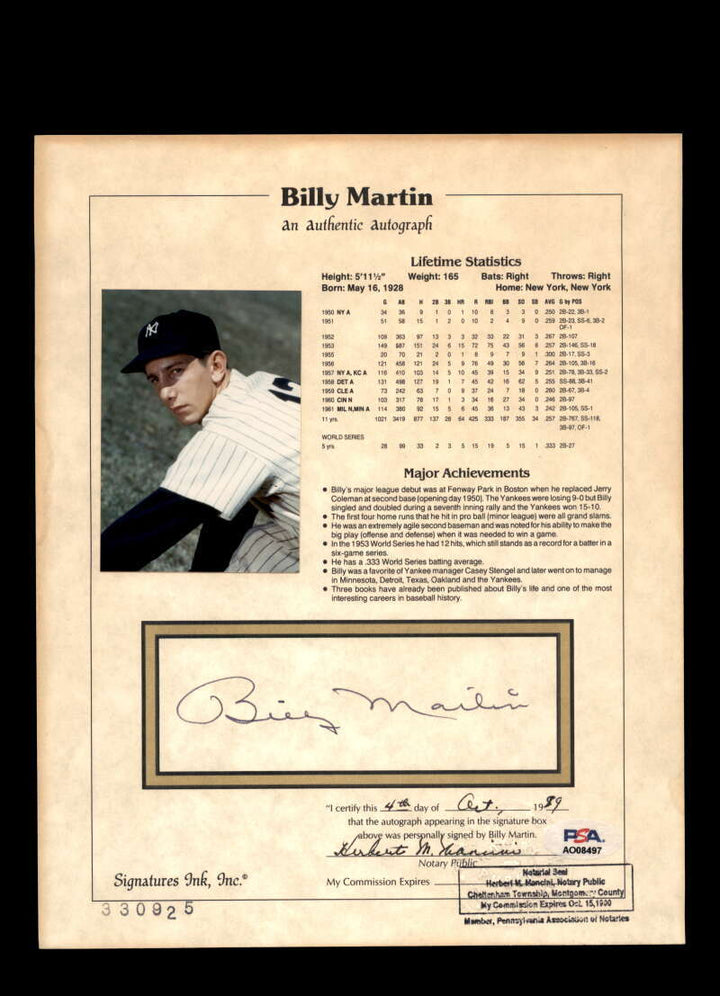 Billy Martin PSA DNA Signed 8x10 Hall of Fame Stat Photo Autograph Yankees