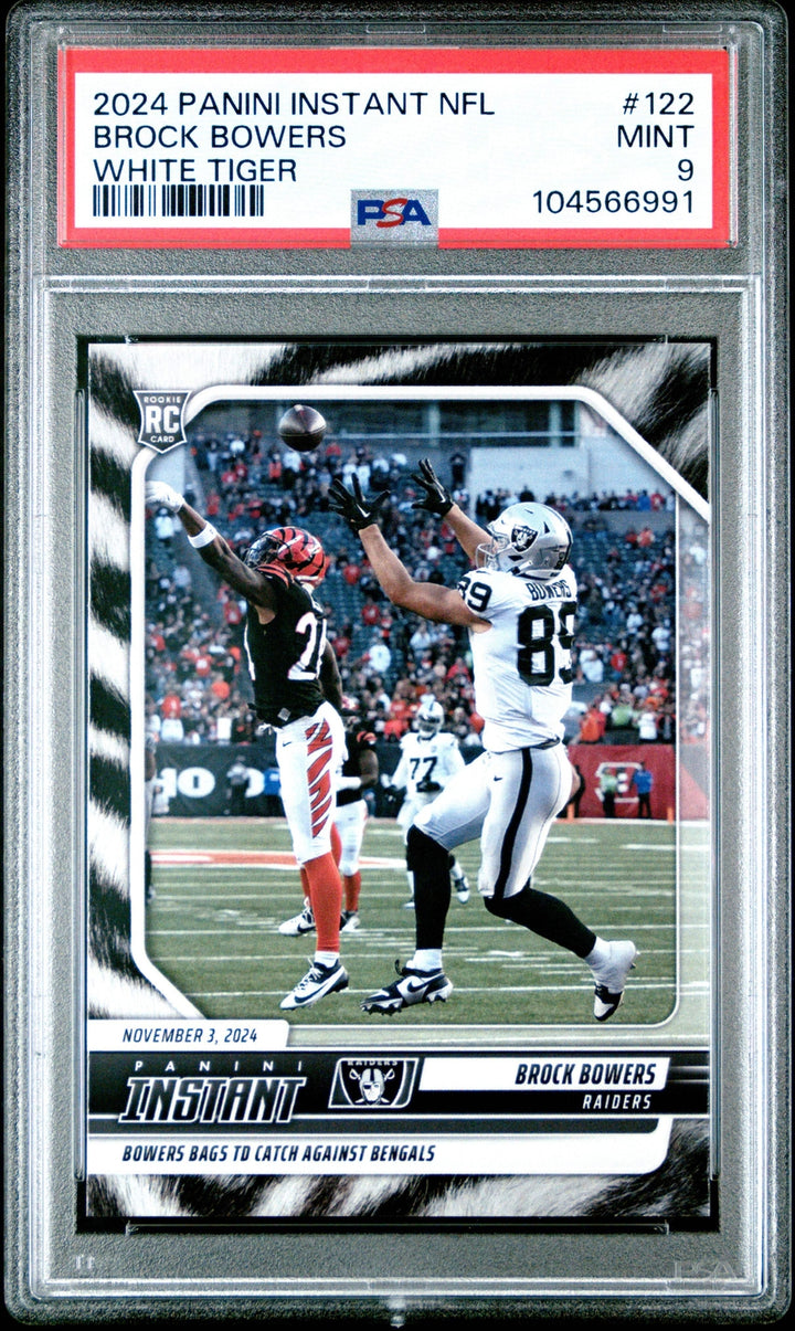 Graded 2024 Panini Instant Brock Bowers #122 White Tiger /5 Football Card PSA 9