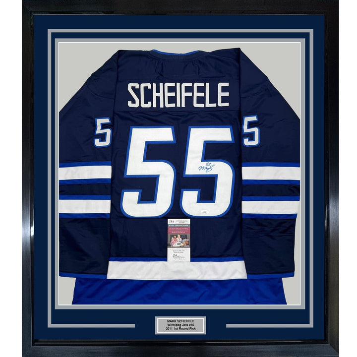 Framed Autographed/Signed Mark Scheifele 35x39 Winnipeg Blue Jersey JSA COA