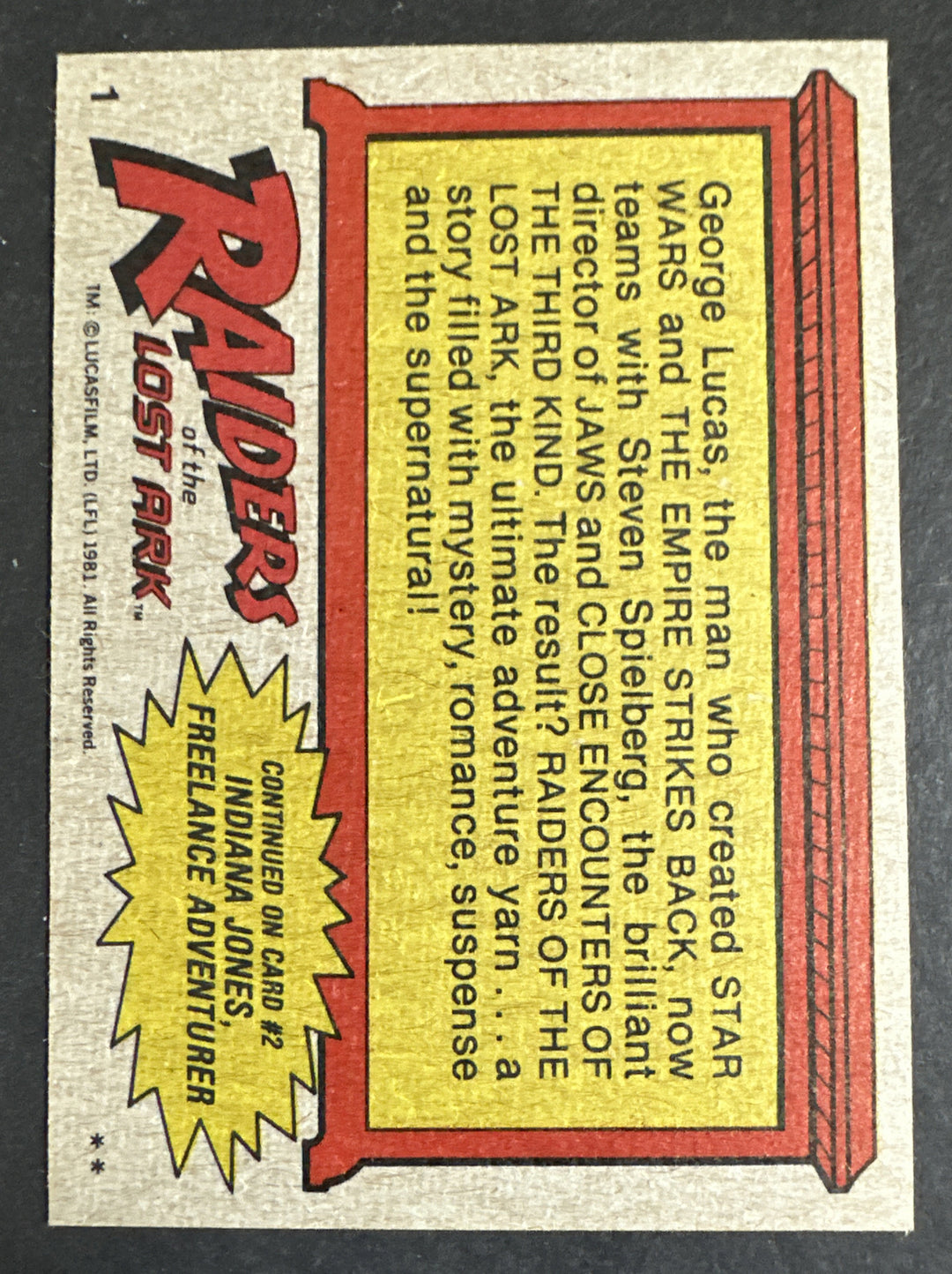 1981 TOPPS RAIDERS OF THE LOST ARK CARD HARRISON FORD #1 Mint Indiana Jones