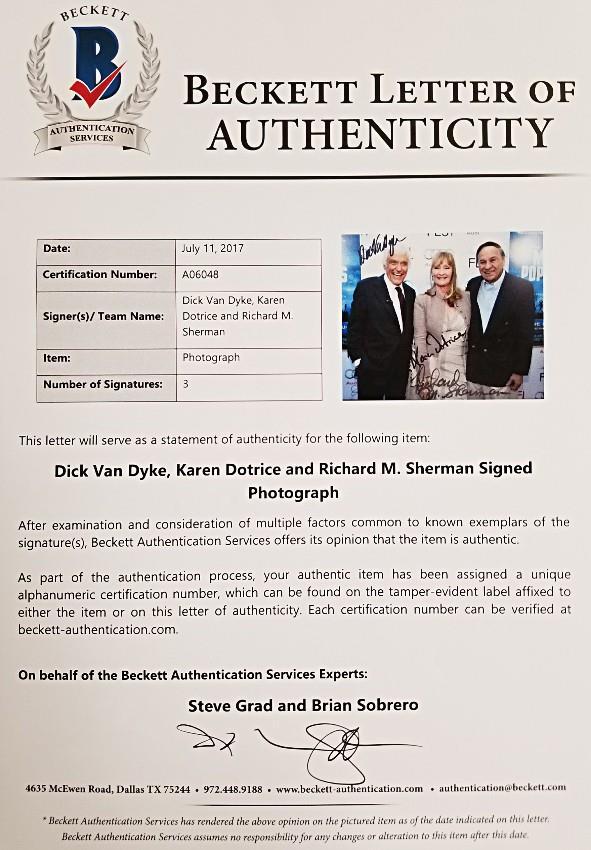 DICK VAN DYKE + RICHARD M. SHERMAN + DOTRICE Signed 8x10 Photo + Beckett BAS COA