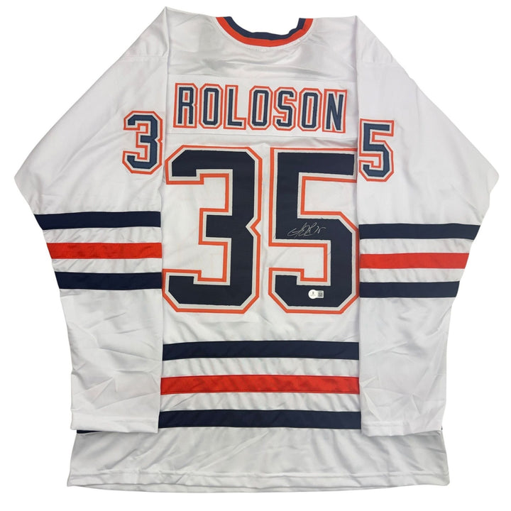 Autographed/Signed Dwayne Roloson Edmonton White Jersey Beckett BAS COA