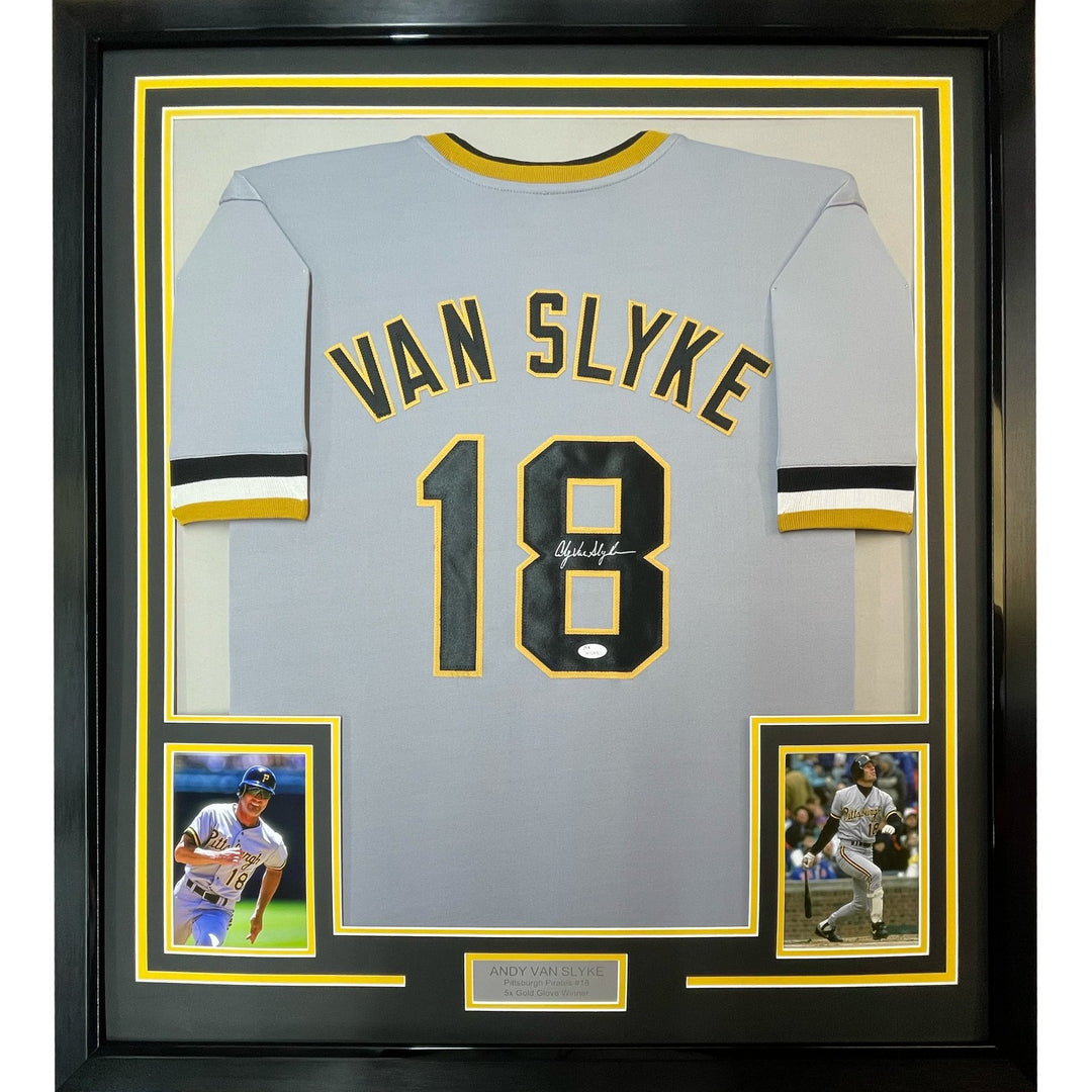 Framed Signed Andy Van Slyke 35x39 Pittsburgh Grey Jersey JSA COA