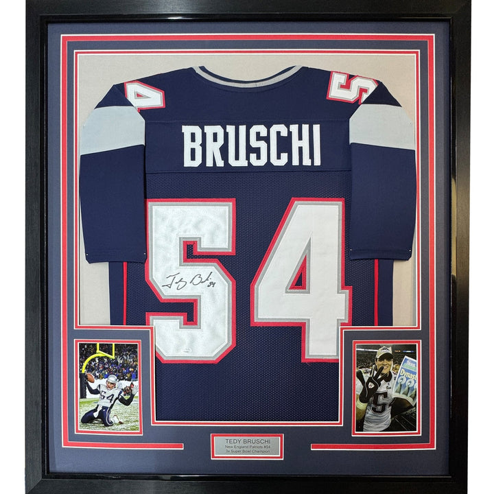 Framed Signed Tedy Bruschi 35x39 New England Blue Jersey JSA COA