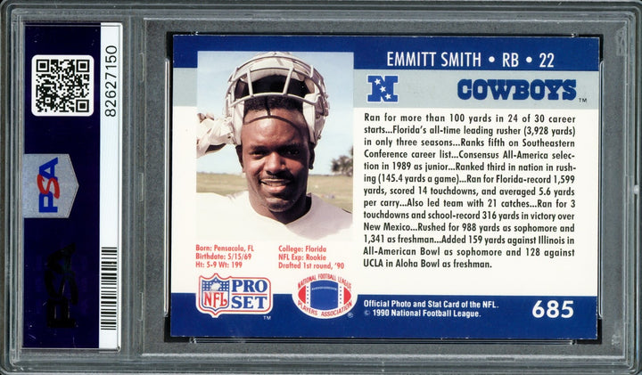 Emmitt Smith Signed 1990 Pro Set RC 685 Dallas Cowboys PSA 8 PSA/DNA #82627150