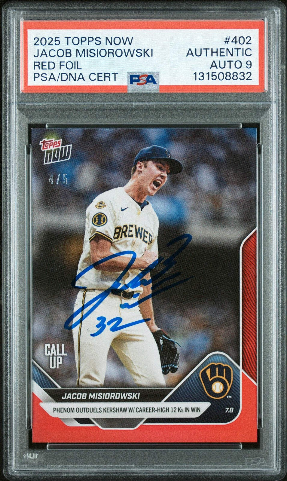 Graded 2025 Topps Now Jacob Misiorowski #402 Red Foil /5 Rookie Card PSA 9 Auto