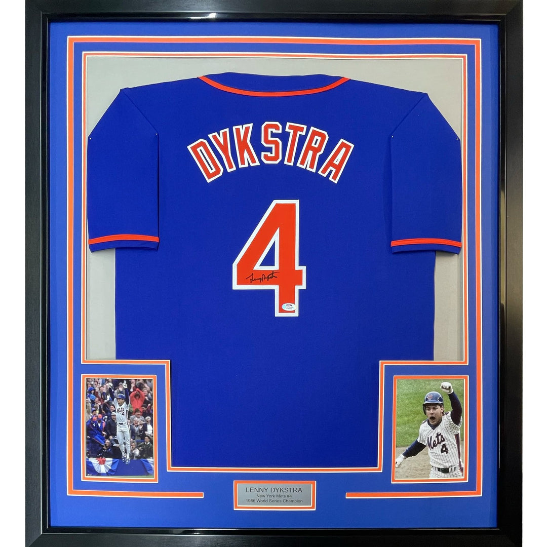 Framed Autographed/Signed Lenny Dykstra 35x39 New York Blue Jersey JSA