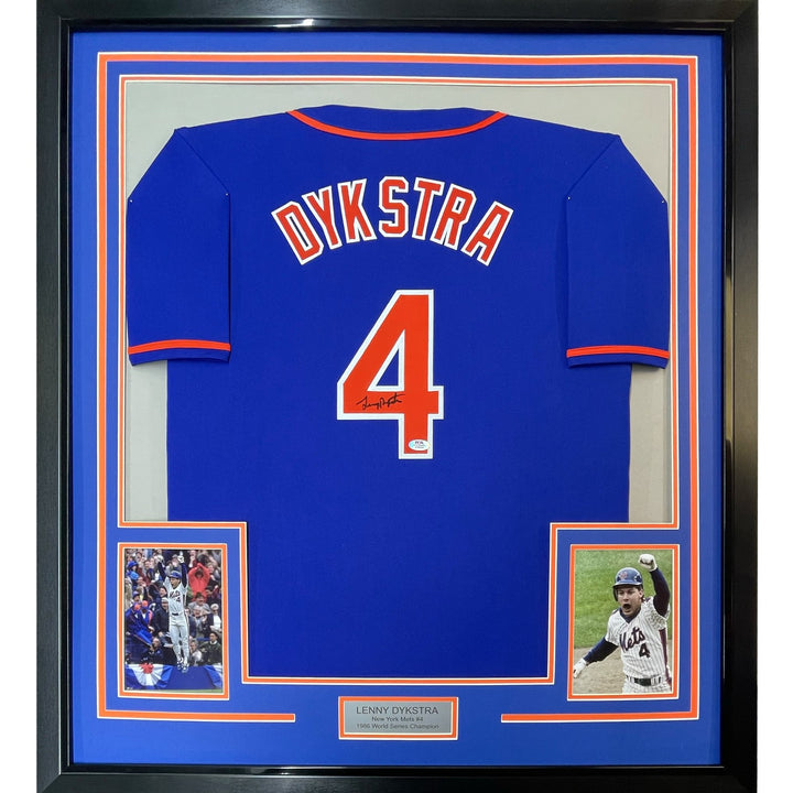 Framed Autographed/Signed Lenny Dykstra 35x39 New York Blue Jersey JSA