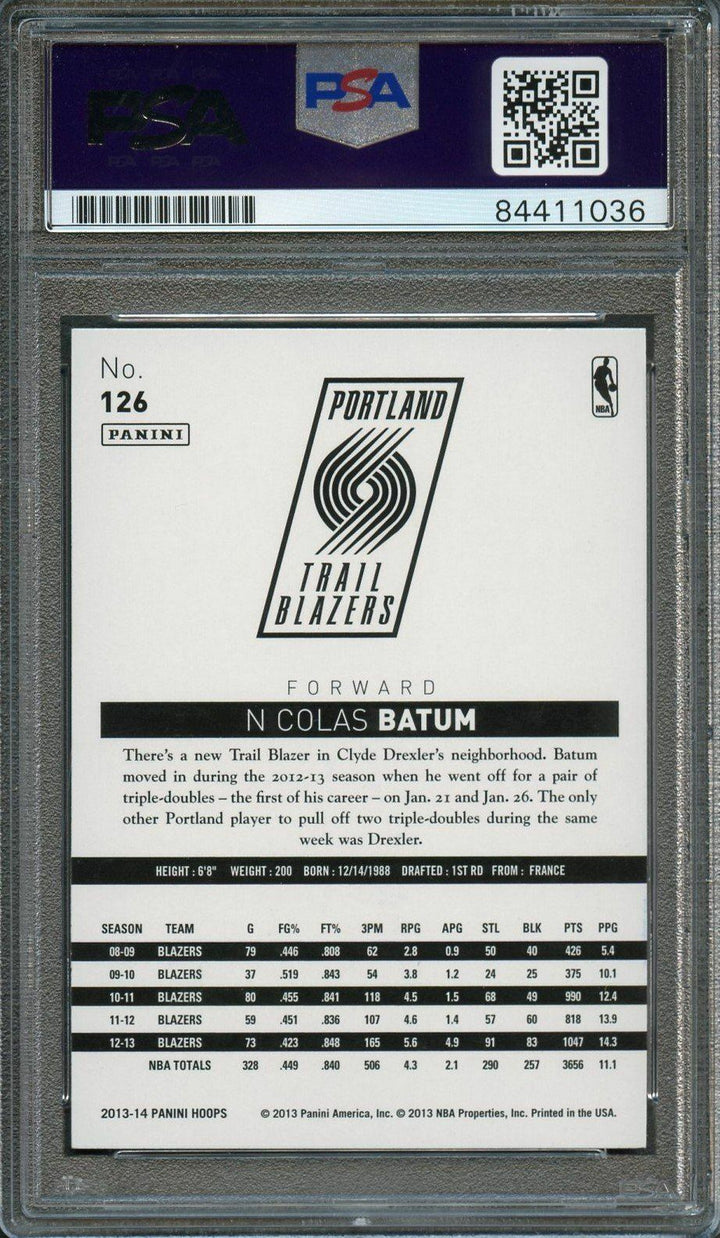 2013-14 NBA Hoops #126 Nicolas Batum Signed Card AUTO 10 PSA Slabbed Blazers