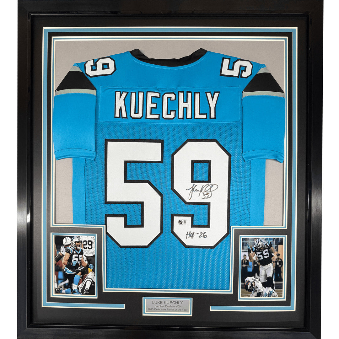 Framed Autographed/Signed Luke Kuechly HOF 26 35x39 Carolina Jersey BAS COA