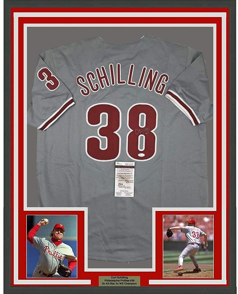 Framed Signed Curt Schilling 35x39 Philadelphia Grey Jersey JSA COA