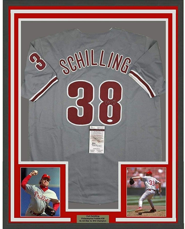 Framed Signed Curt Schilling 35x39 Philadelphia Grey Jersey JSA COA