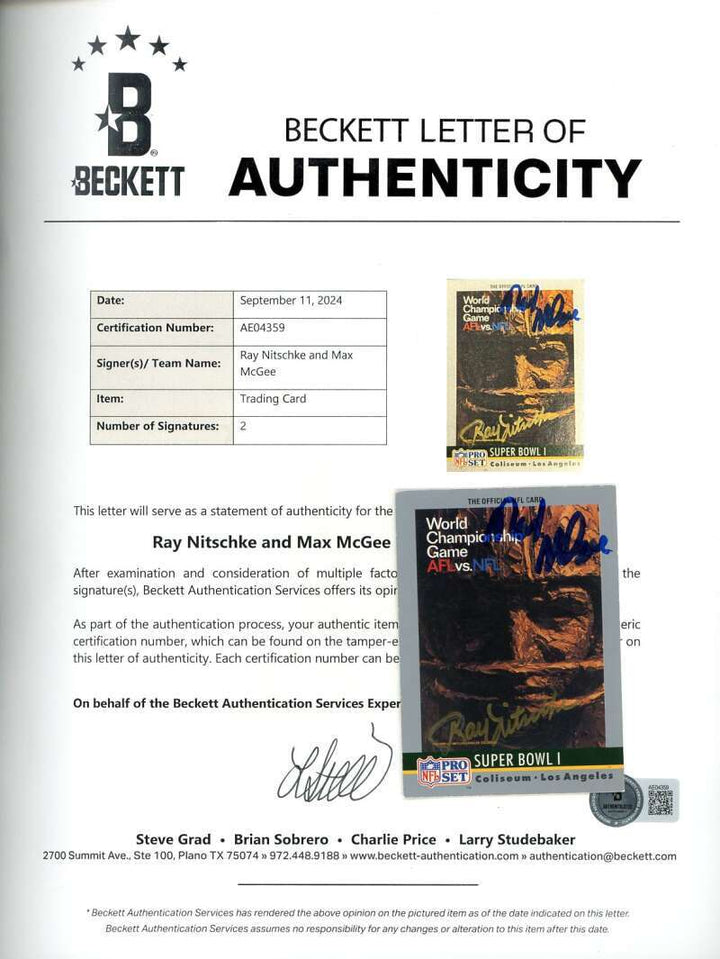Ray Nitschke Max McGee Beckett BAS Signed 1990 Pro Set Super Bowl I Autograph