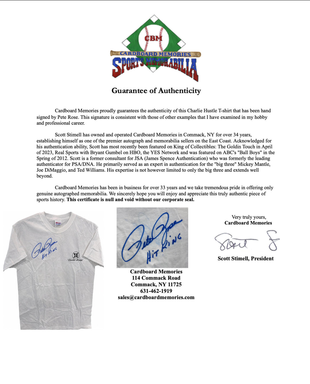 Pete Rose Signed BallPark Cafe Charlie Hustle T Shirt Hit King Auto CBM COA