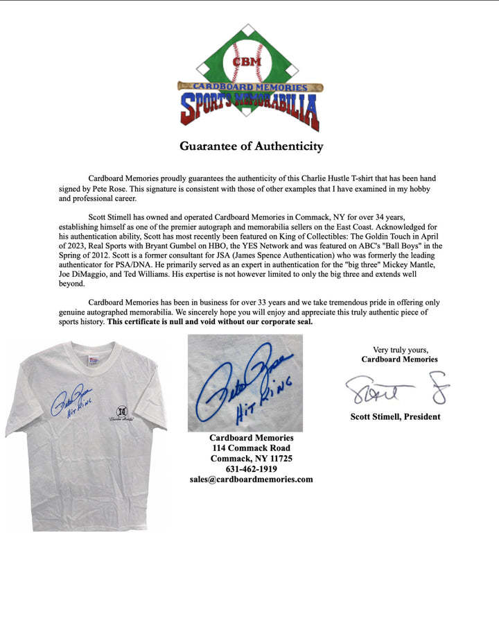 Pete Rose Signed BallPark Cafe Charlie Hustle T Shirt Hit King Auto CBM COA