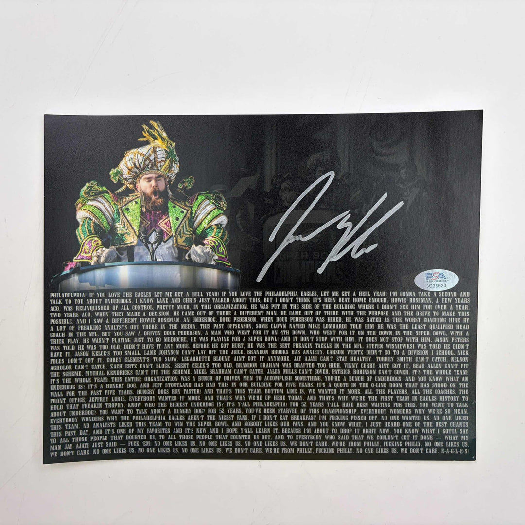 Autographed/Signed Jason Kelce Parade Speech Transcript 8x10 Photo PSA/DNA COA