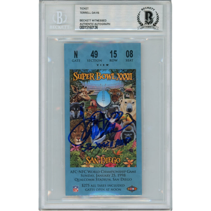 Terrell Davis Autographed Denver Broncos SB XXXII Blue Ticket Beckett 47581