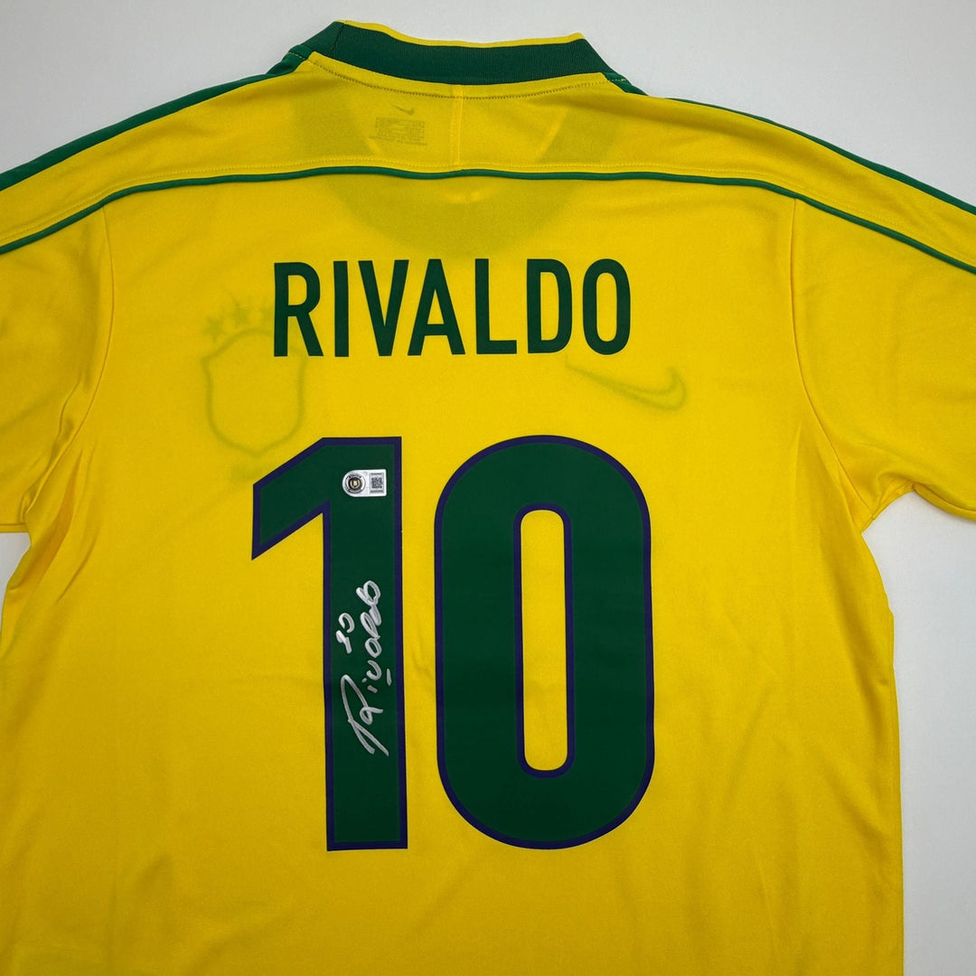 Autographed/Signed Rivaldo Brazil Yellow Soccer Jersey Beckett BAS COA