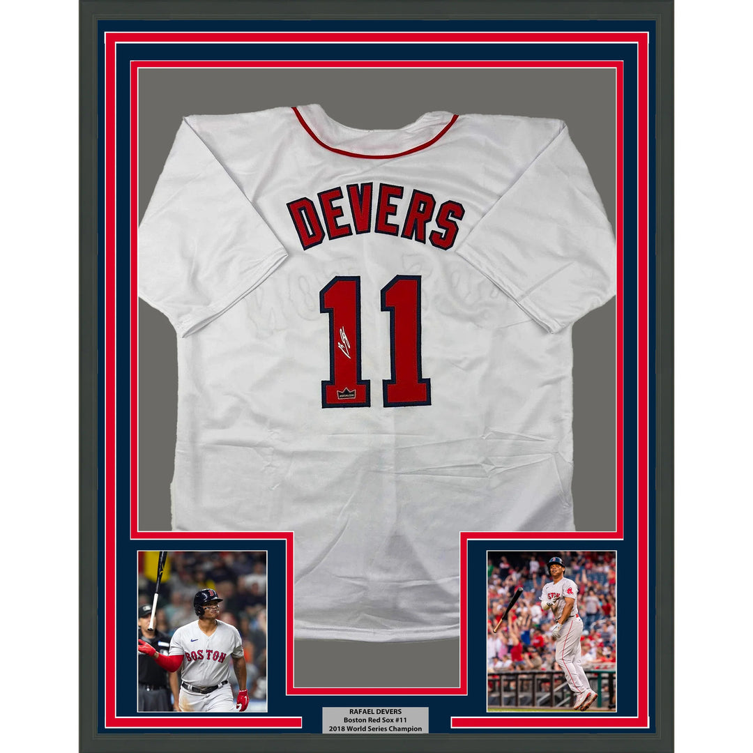 Framed Facsimile Autographed Rafael Devers 33x42 White Reprint Laser Auto Jersey