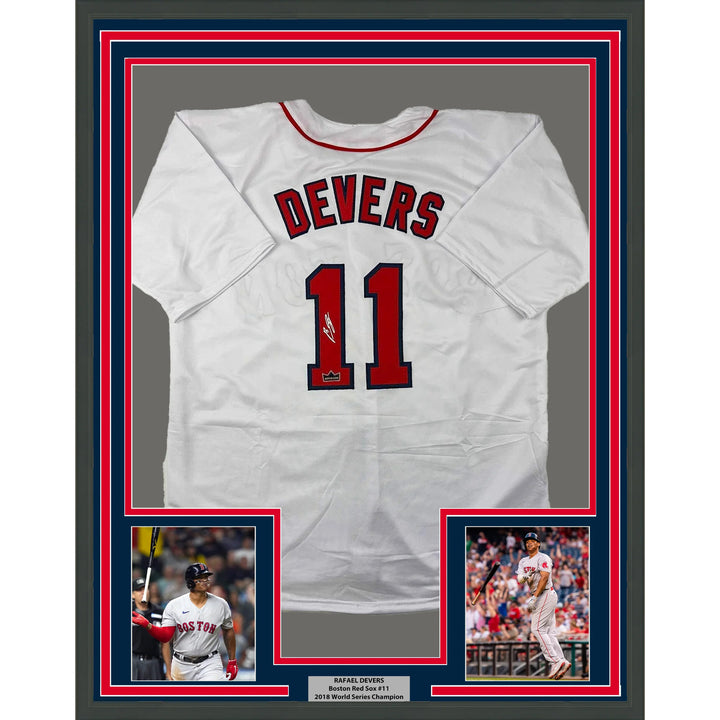Framed Facsimile Autographed Rafael Devers 33x42 White Reprint Laser Auto Jersey
