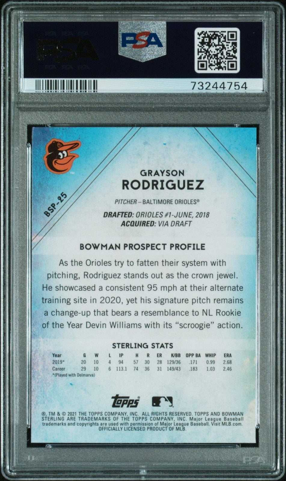 Graded 2021 Bowman Sterling Grayson Rodriguez #BSP25 RC Baseball Card PSA 10