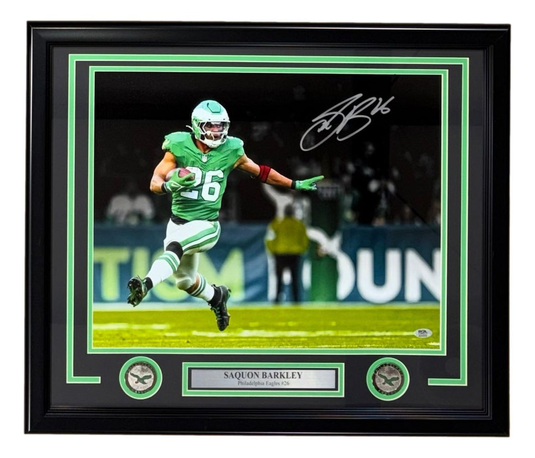 Saquon Barkley Signed Framed 16x20 Eagles Kelly Green Jersey Photo PSA/DNA ITP