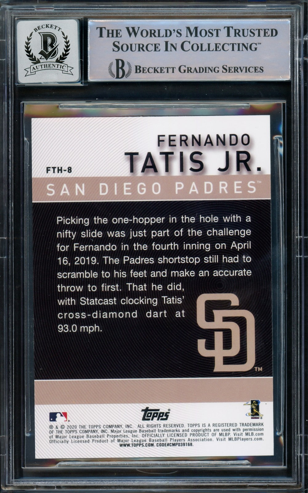 Fernando Tatis Jr. Auto Signed 2020 Topps Card FTH-8 Padres Auto GM 10 Beckett