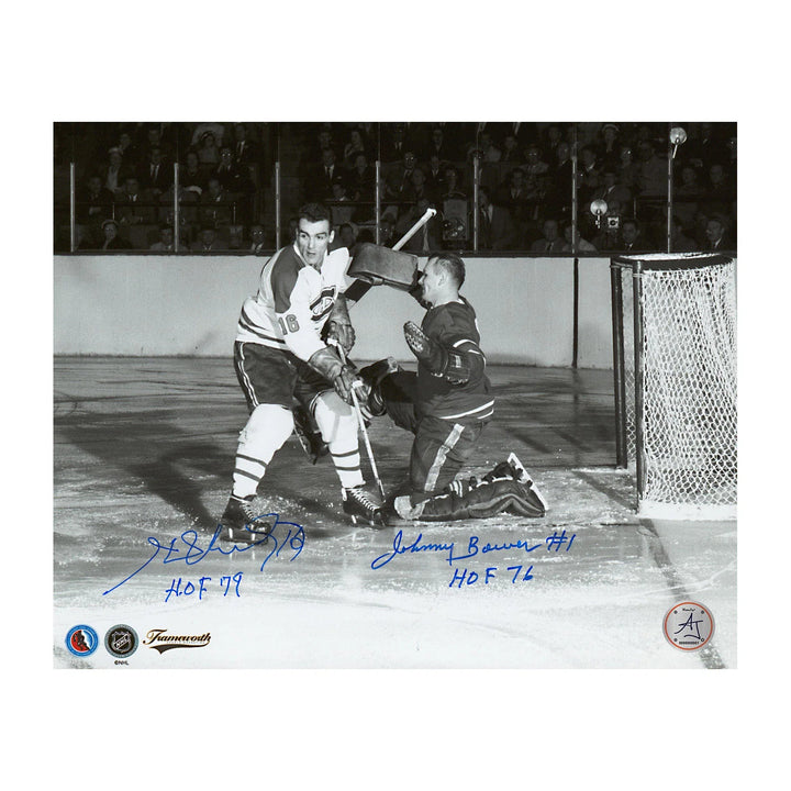 Johnny Bower vs Henri Richard Dual Signed Leafs Canadiens Rivalry 8x10 Photo