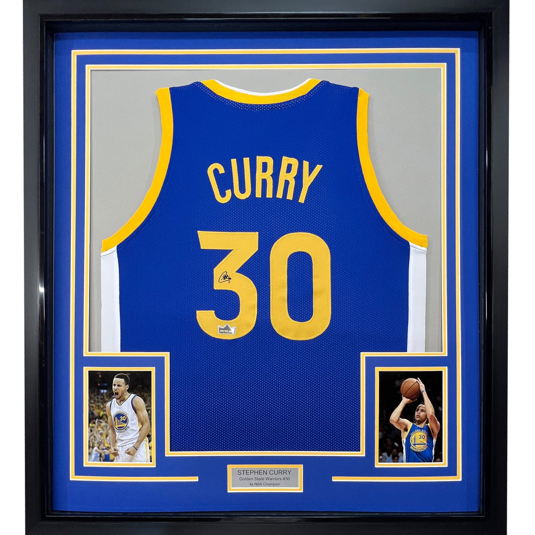 Framed Facsimile Autographed Stephen Curry 33x42 Blue Reprint Laser Auto Jersey
