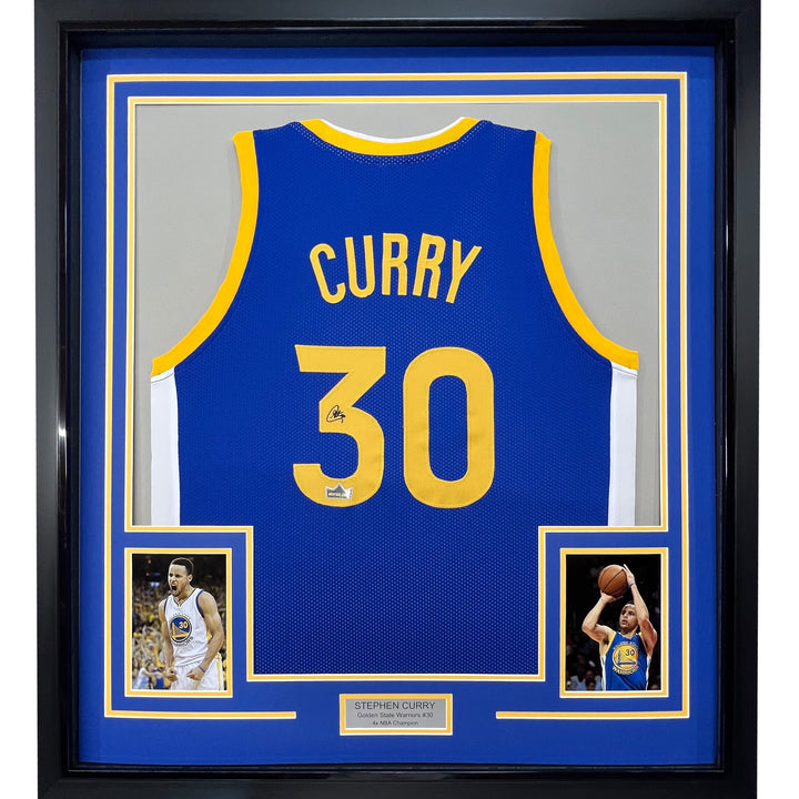 Framed Facsimile Autographed Stephen Curry 33x42 Blue Reprint Laser Auto Jersey